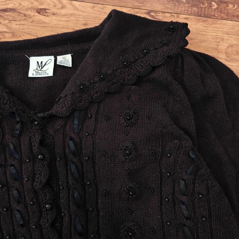 Maggie Lawrence Black Knit Cardigan Women's 18 Ribbon Cottagecore Whimsigoth VTG - Picture 6 of 7
